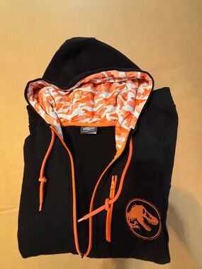 Jurassic Park Zip-Up Hoodie | Orange Camo Lining | Medium | Like New